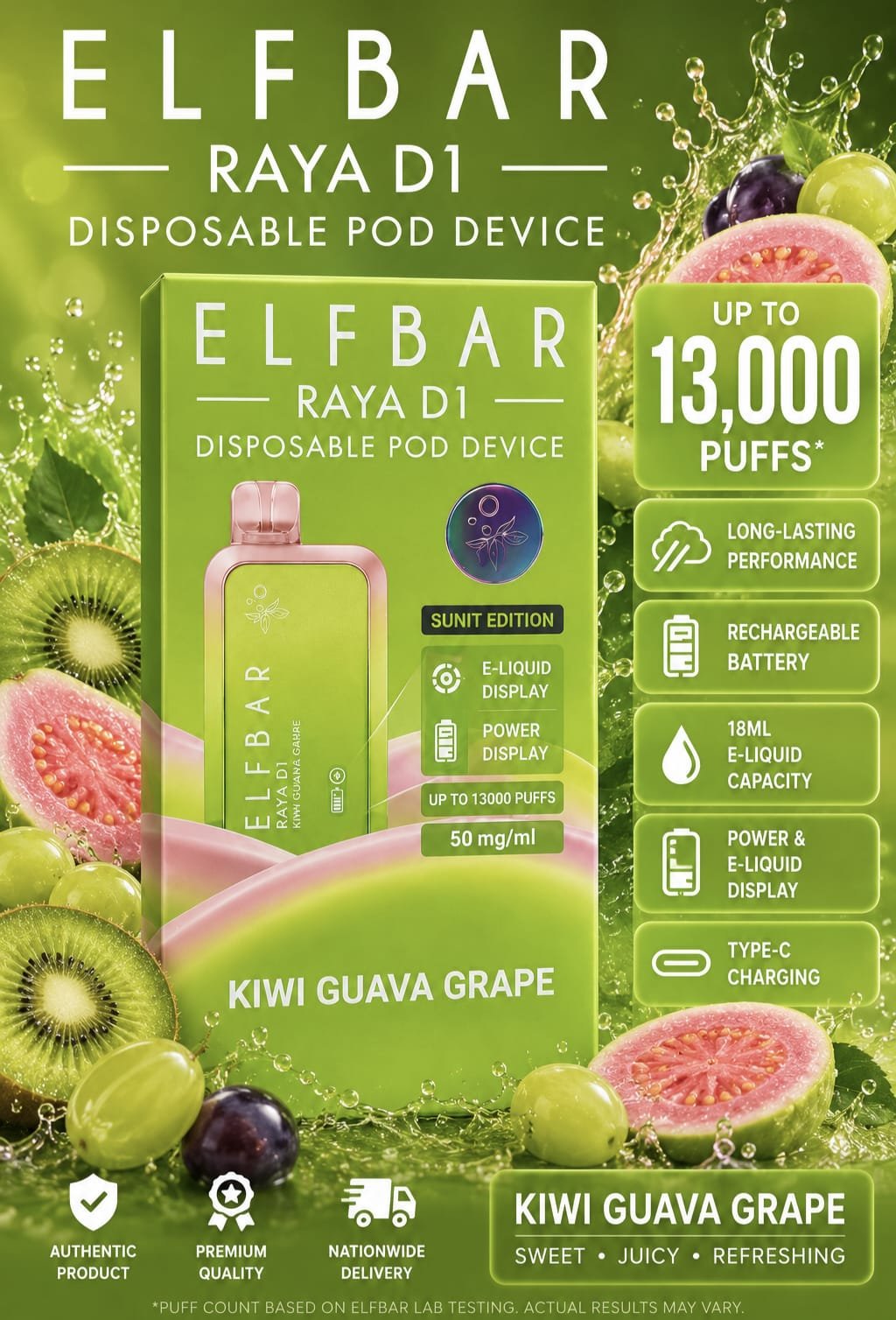 2026/06/1000426754.jpg ELFBAR-RAYA D1 KIWI GUAVA GRAPE 13000 Puffs kit. - Image 1