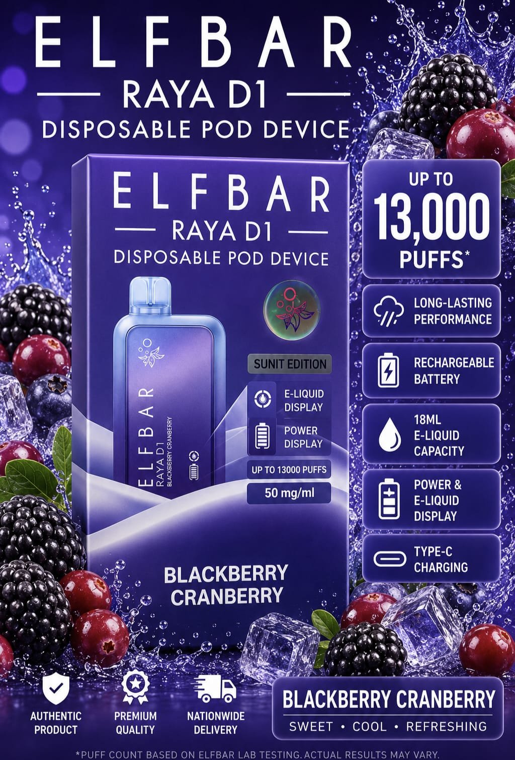 2026/06/1000426775.jpg ELFBAR-RAYA D1 BLACKBERRY CRANBERRY 13000 Puffs kit. - Image 1