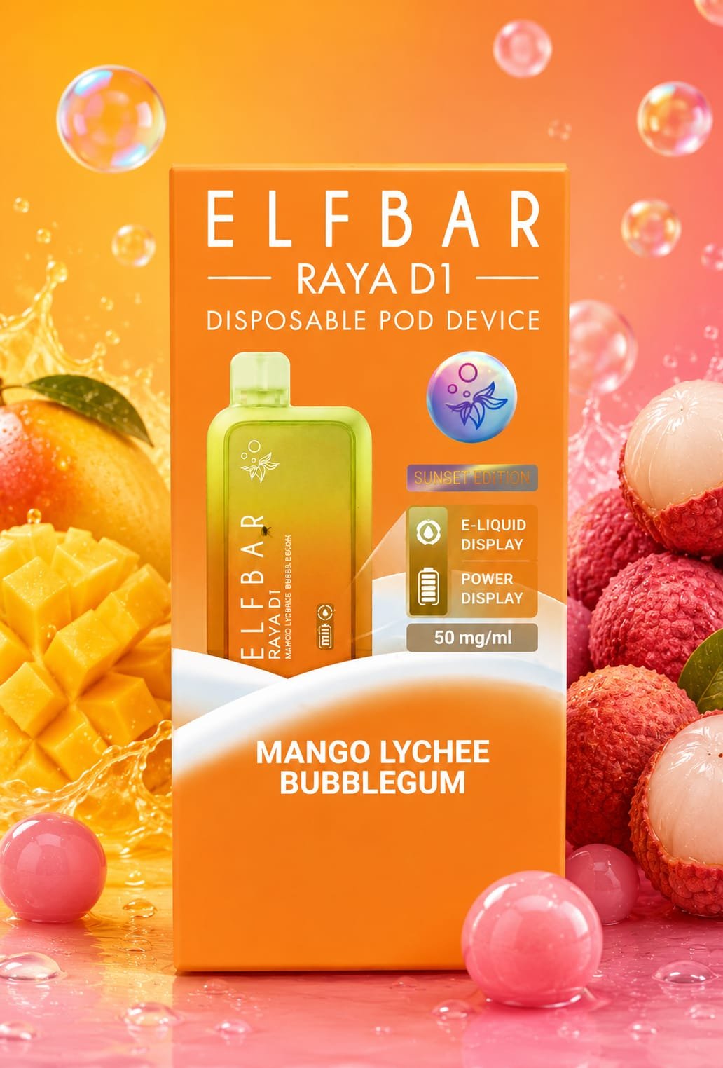 2026/06/1000427090.jpg ELFBAR-RAYA D1 MANGO LYCHEE BUBBLEGUM 13000 Puffs kit. - Image 1